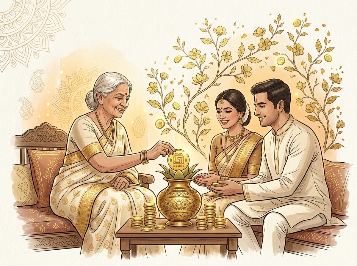 பாரம்பரிய சேமிப்புக் கலசத்தில் தூய தங்க நாணயங்களைச் சேமிக்கும் இந்தியக் குடும்பத்தின் கலை வரைபடம்